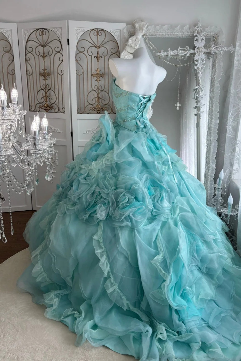 Mint Enchantment - Strapless Beaded 3D Floral Ball Gown, Layered Ruffle Train Evening Dress  NV6845
