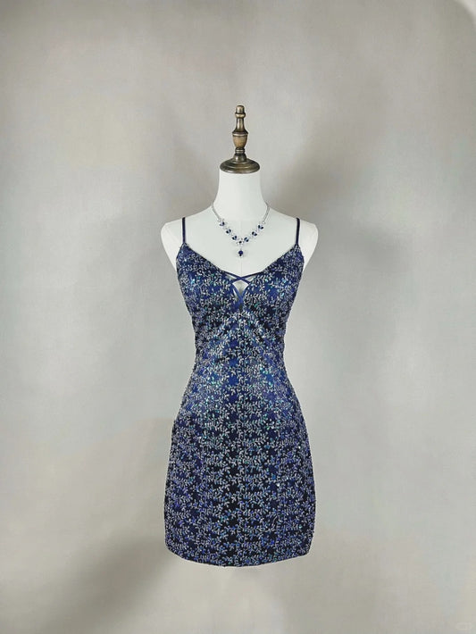Blue floral beaded fashion short satin homecoming dress birthday dress nv4489