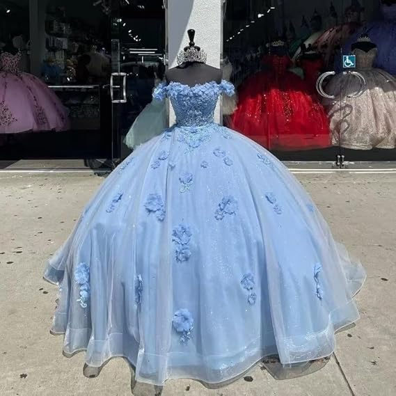 Blue gorgeous sweet off-the-shoulder exquisite floral applique long tulle ball gown evening gown dress nv3434