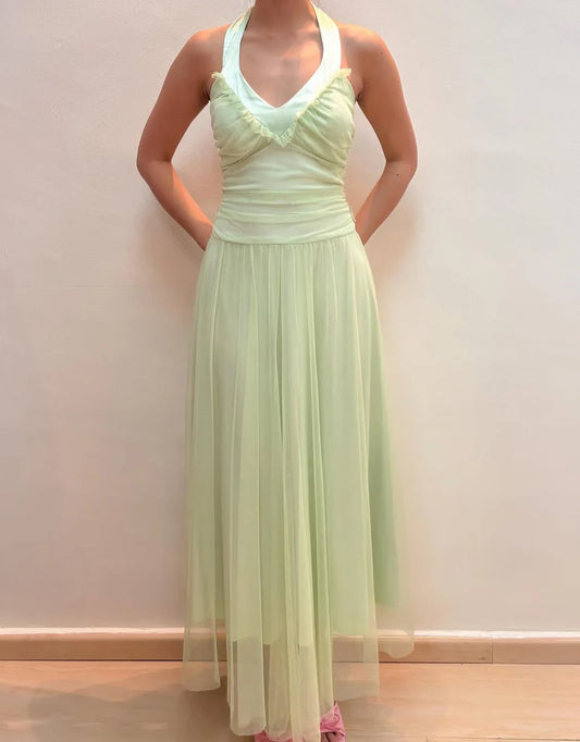 NiceVestidos--SSleeveless Light Green Tulle Halter A - line Floor - length Evening Dress NV5773