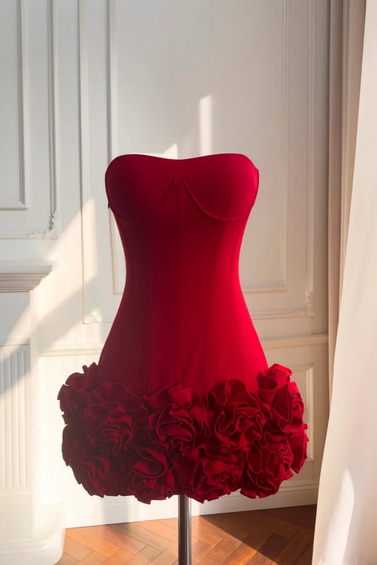 NiceVestidos-_Vintage Red Strapless Lace-Up 3D Floral Short Party Dress NV5917