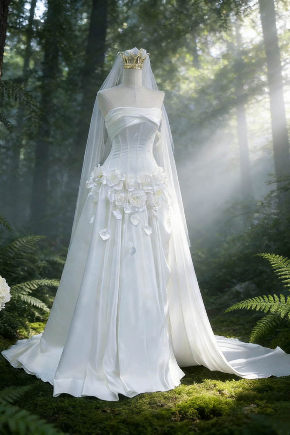 White, Pristine, Long, Forest-Inspired Wedding Dress, Simple And Elegant Bridal Gown. NV6814