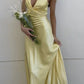 Yellow V-neck halter tie simple elegant long satin birthday party dress wedding guest dress evening dress prom dress impressive graduation dress nv2013