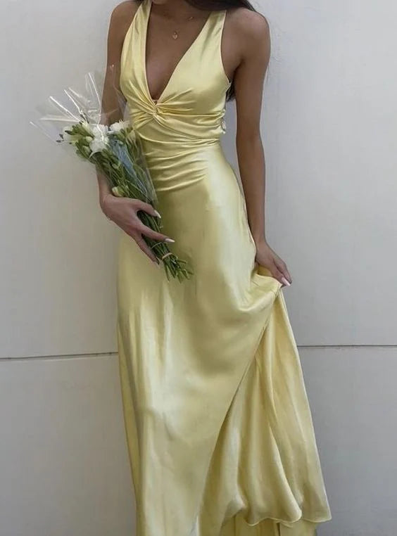 Yellow V-neck halter tie simple elegant long satin birthday party dress wedding guest dress evening dress prom dress impressive graduation dress nv2013