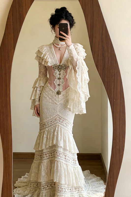Cream Lace Victorian Corset Gown with Ruffled Sleeves Evening Dress NV6554