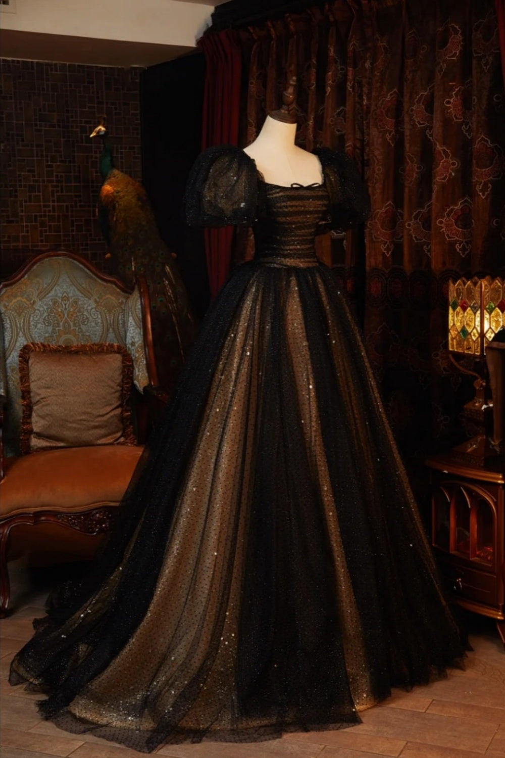 Dark Gold-Embroidered Dress, Mysterious Retro Long Shimmering Gown NV6537