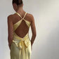 Yellow V-neck halter tie simple elegant long satin birthday party dress wedding guest dress evening dress prom dress impressive graduation dress nv2013