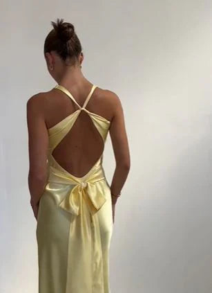 Yellow V-neck halter tie simple elegant long satin birthday party dress wedding guest dress evening dress prom dress impressive graduation dress nv2013