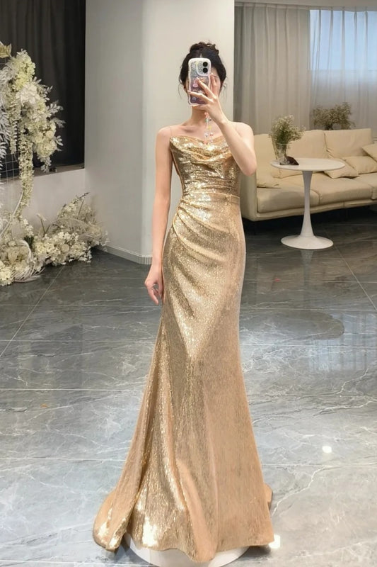 NiceVestidos--Spiritual Fairyland Style：Champagne Gold Silk Sash - Shoulder Sleeveless Train - Dragging Party Dres NV5818