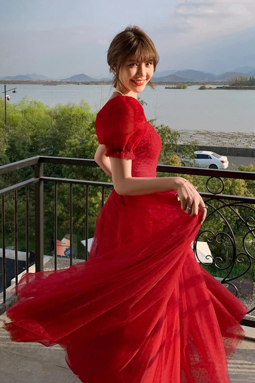 Red A-line Simple Elegant Tulle Long Ball Gown Evening Dress nv3005