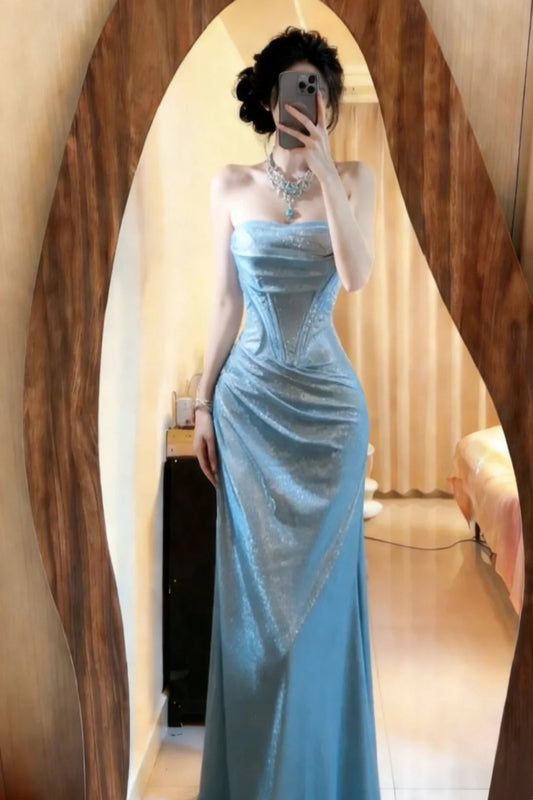 Blue long satin Prom dress NV6666