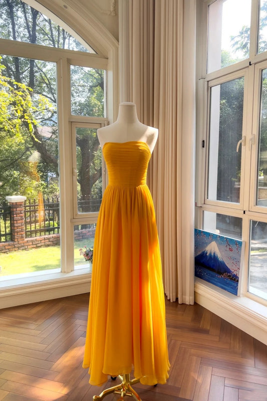 NiceVestidos-_VBright Yellow Strapless Ruched Chiffon Long Elegant Evening Dress NV5916