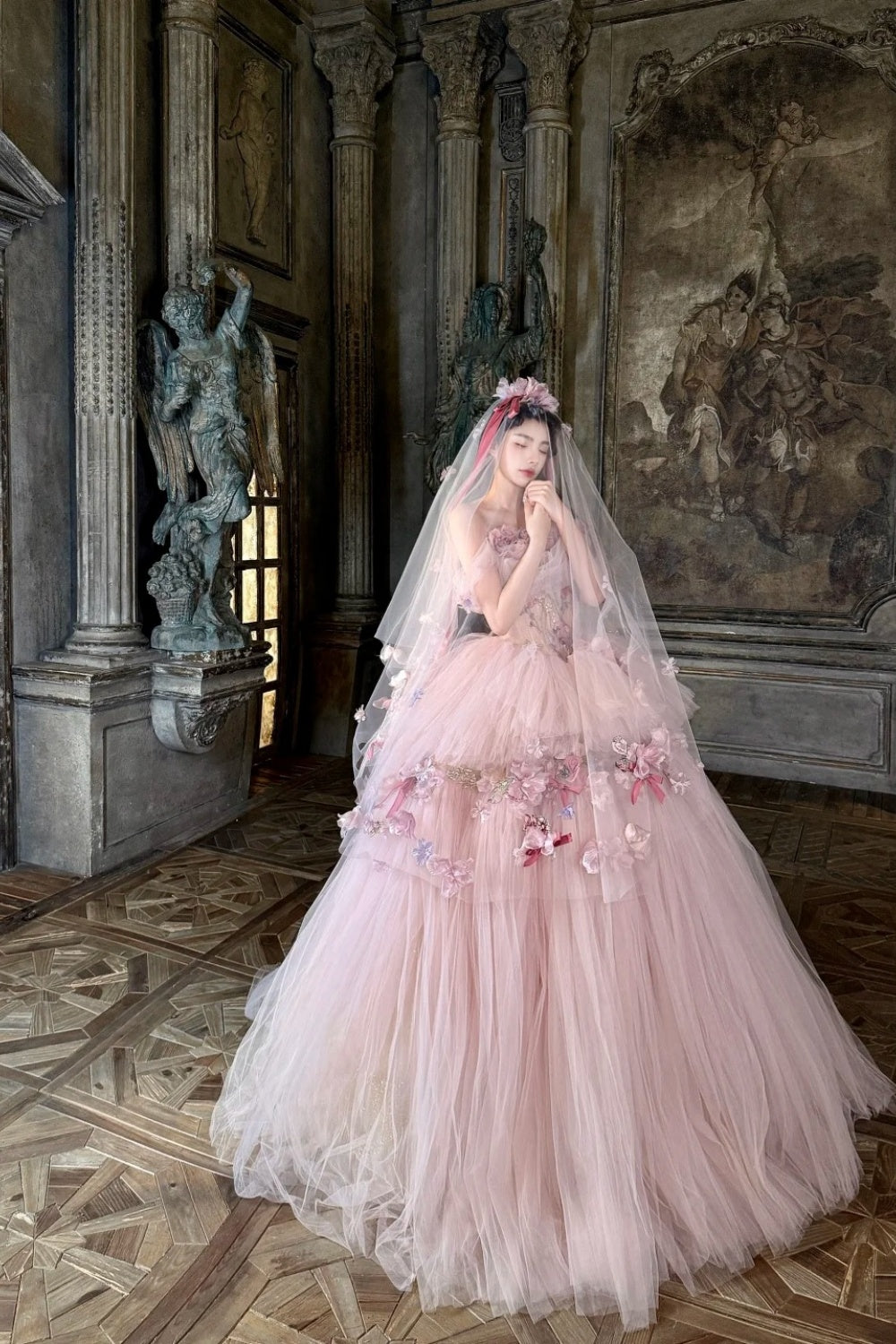 Pink floral long tulle ball gown NV6654