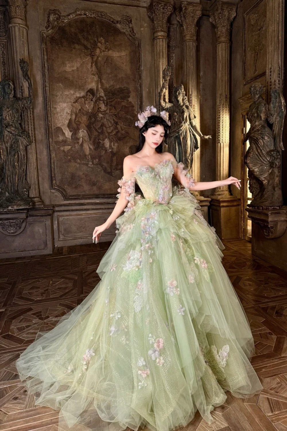 Green, gorgeous, delicate floral long tulle ball gown NV6642