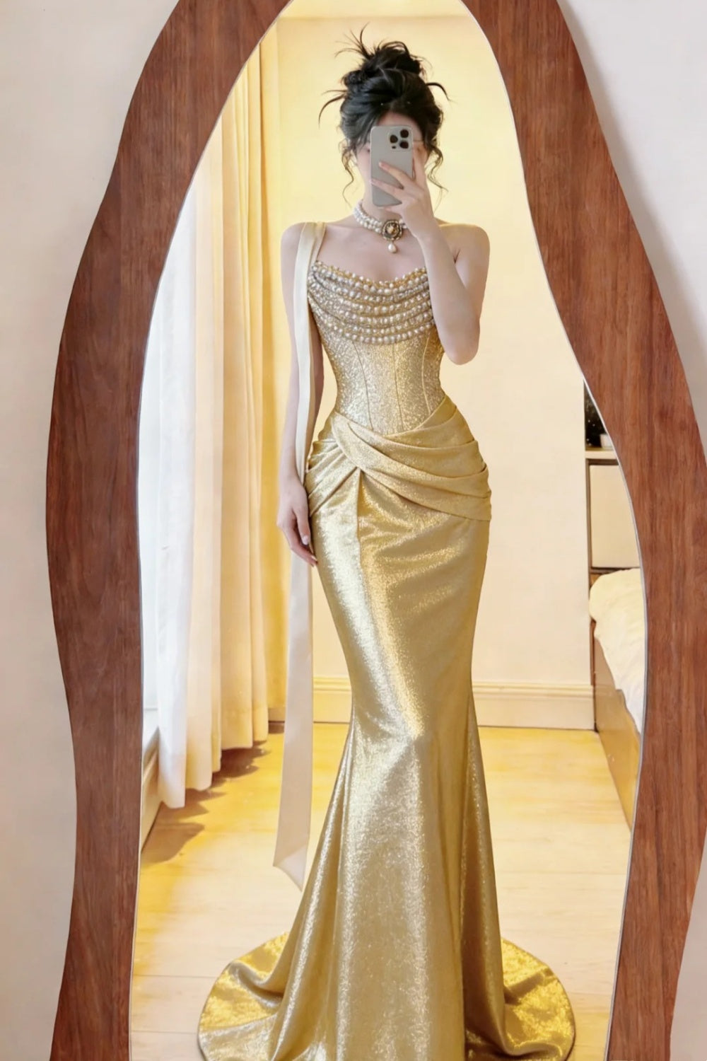 Gold long satin ball gown NV6665