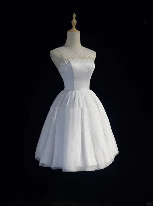 White pure simple beautiful sparkling fashion elegant exquisite rhinestone short mini backless floor length tulle homecoming  nv4289