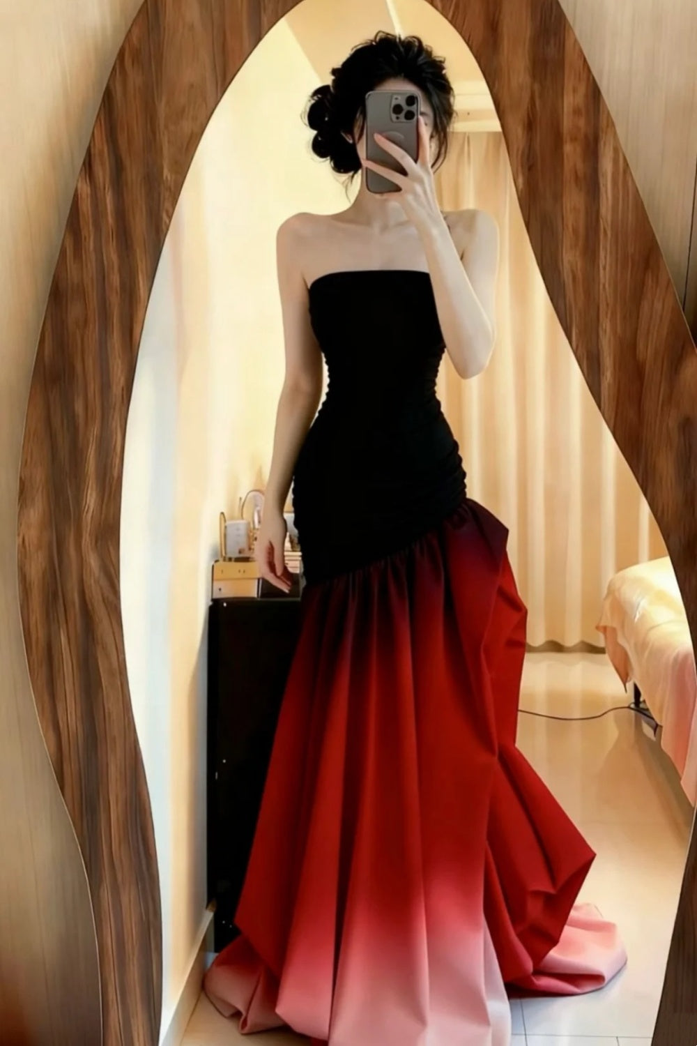 NiceVestidos – Burgunderrotes und schwarzes, farbverlaufendes langes Satin-Abendkleid NV5970