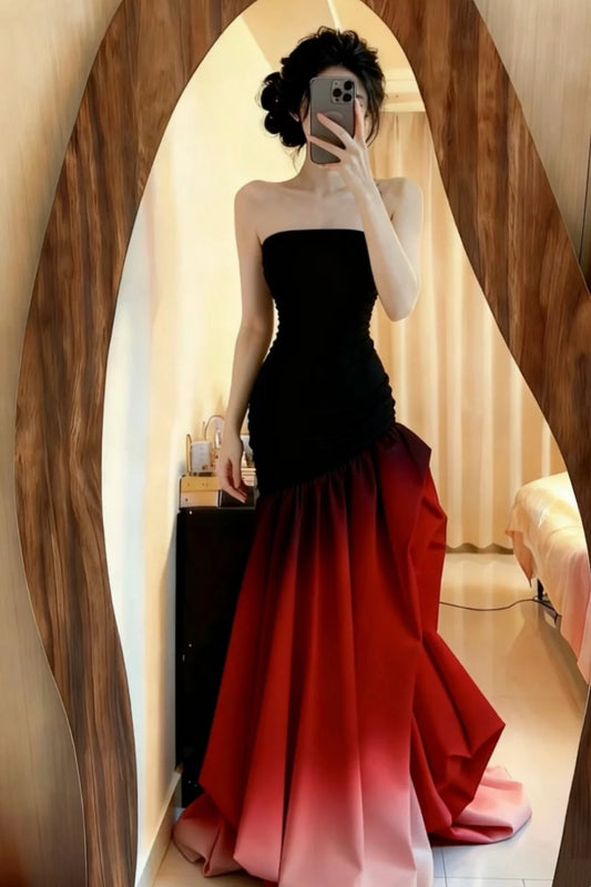 NiceVestidos – Burgunderrotes und schwarzes, farbverlaufendes langes Satin-Abendkleid NV5970