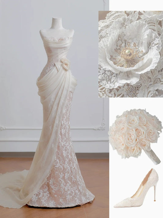 🤍🤍 Exquisite And Romantic Lace Fishtail Long Wedding Dress, Bridal Gown NV6582