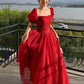 Red A-line Simple Elegant Tulle Long Ball Gown Evening Dress nv3005