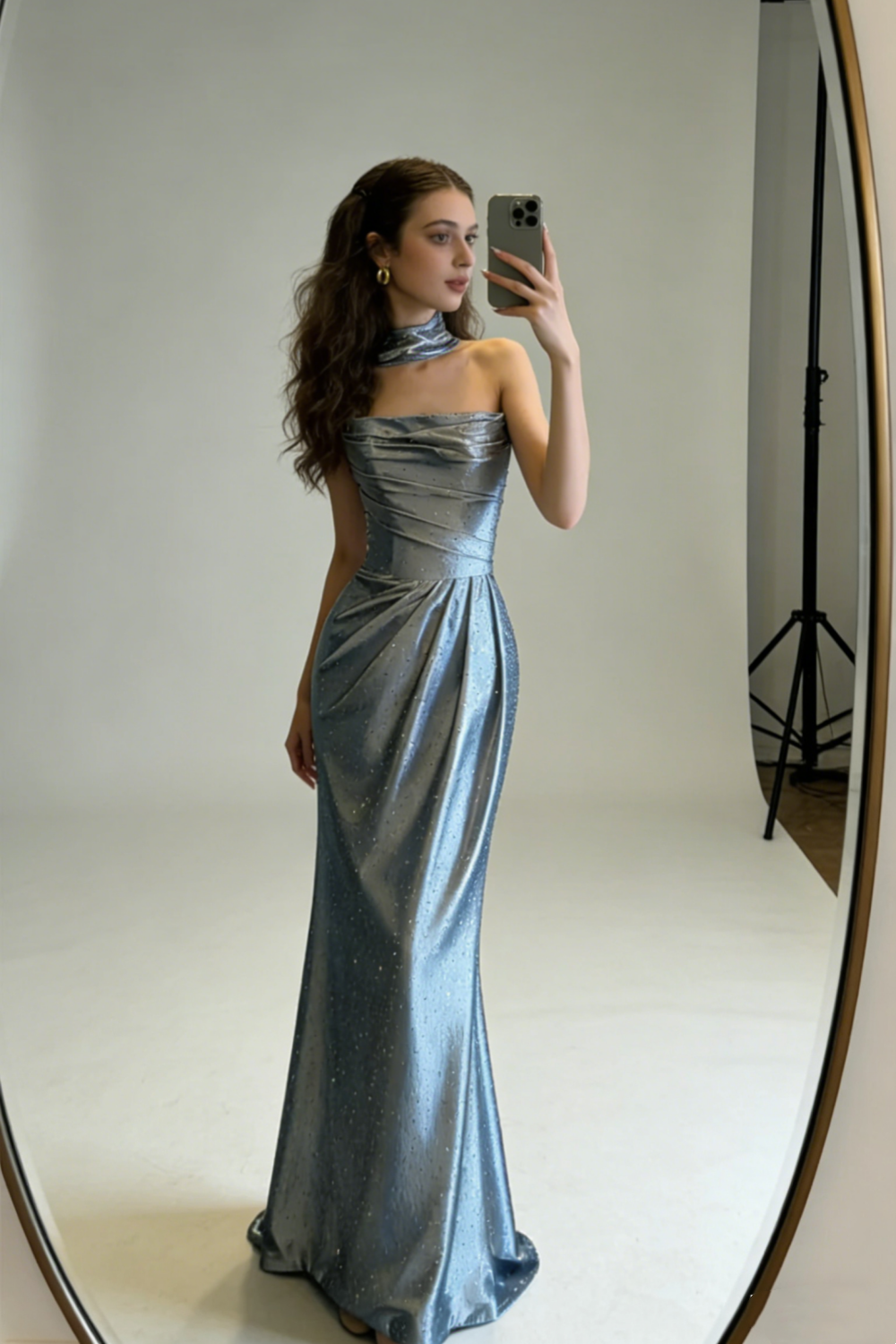 Silver-Blue Halter Cowl Neck Gown - Knot Corset Mermaid Evening/Red Carpet/Date Maxi Dress NV6822