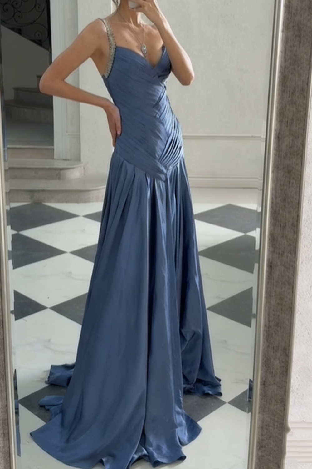NiceVestidos - Abendkleid Blaues Satin-Abendkleid, bodenlang, NV5951