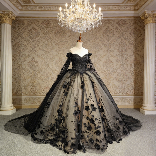 Black & White Lace Contrast Train Bridal Gown - Gothic Themed Wedding Dress  NV6777