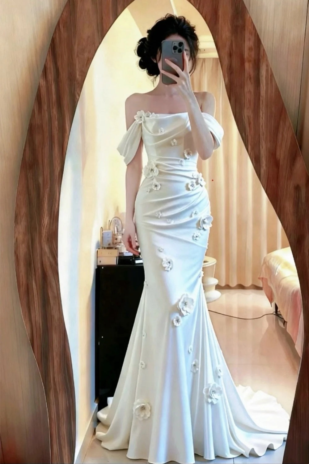 White, delicate floral long satin Prom evening gown NV6667