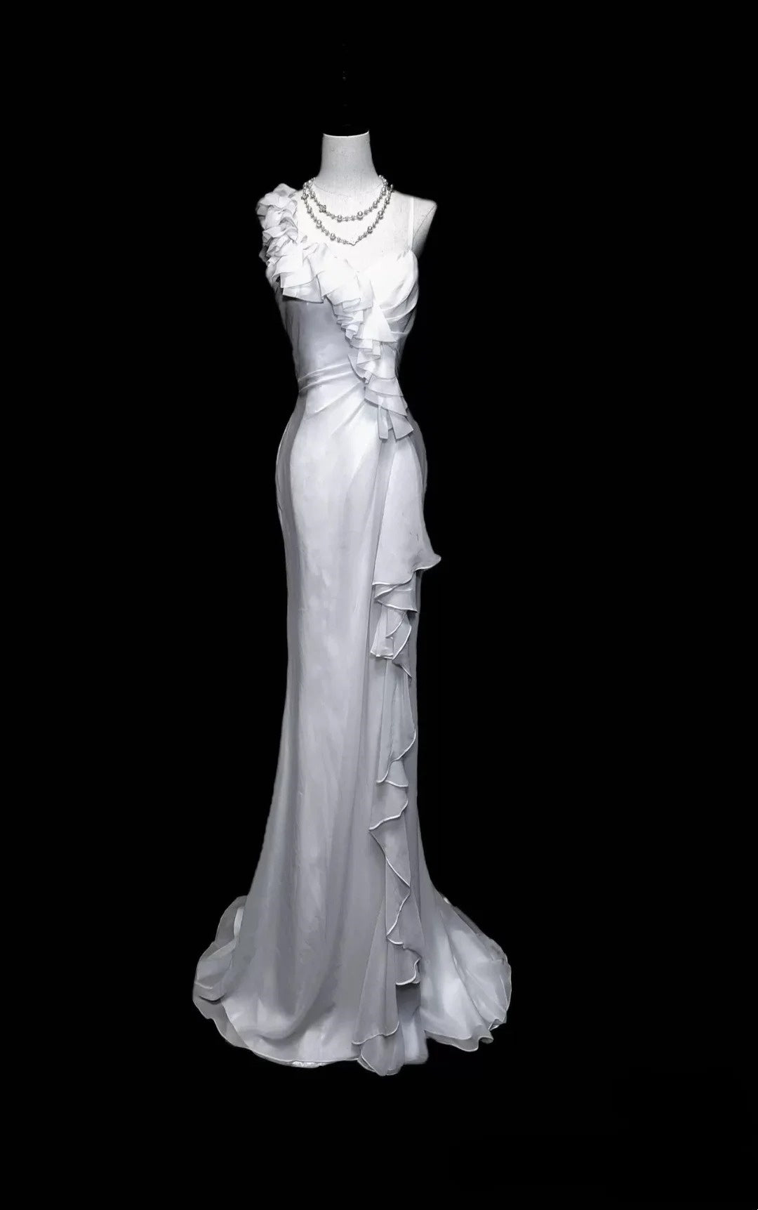 White Mermaid Ruffle Slim Elegant Long Tulle Birthday Dress Ball Gown Evening Dress nv4544