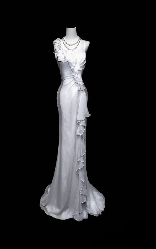 White Mermaid Ruffle Slim Elegant Long Tulle Birthday Dress Ball Gown Evening Dress nv4544