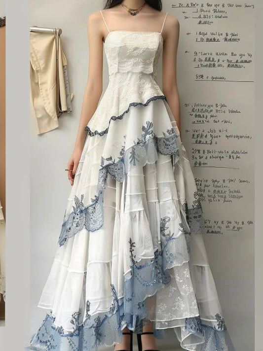 Blue pattern exquisite embroidery white lace long tulle multi-layered ruffles asymmetrical hem fantasy fairy ball gown evening dress party dress nv4546