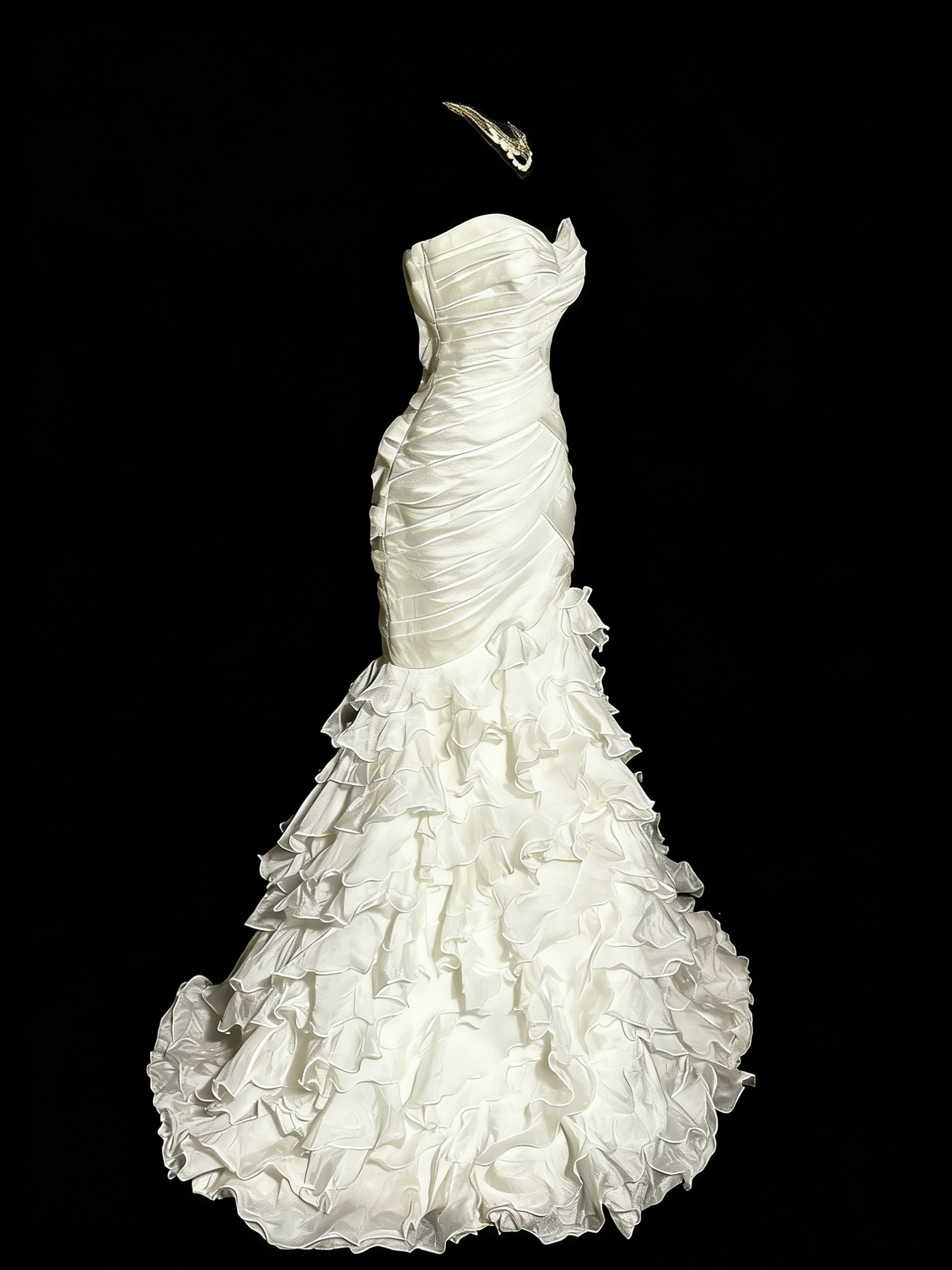 White Strapless Mermaid Gown: Ruched Waist, Ruffled Layers, Court Wedding Style NV6398