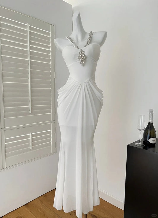 White Elegant Long Halter Neck Rhinestone Homecoming Dress Birthday Party Dress Prom Dress Evening Dress nv4632