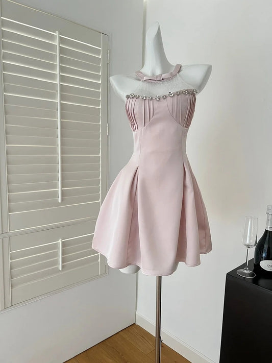 Pink Beaded Homecoming Dress Short Satin Prom Dress Birthday Dress Evening Dress nv4445