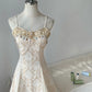 Champagne retro streamer beautiful palace style birthday dress Locke pearl brooch spaghetti strap long chiffon ball gown evening dress party dress nv4114