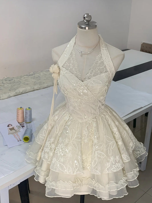 Ivory White Floral Lace Sweet Short Homecoming Dress Prom Dress Birthday Dress nv4524