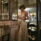NiceVestidos--Retro Disco Style：Light Gold Glitter - Decorated Thin Strap High - Slit Floor - Length Ball Dress NV5817