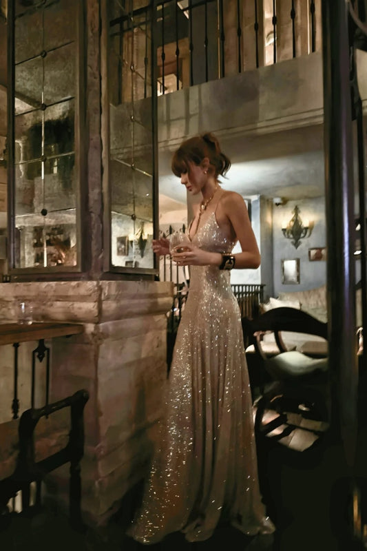NiceVestidos--Retro Disco Style：Light Gold Glitter - Decorated Thin Strap High - Slit Floor - Length Ball Dress NV5817