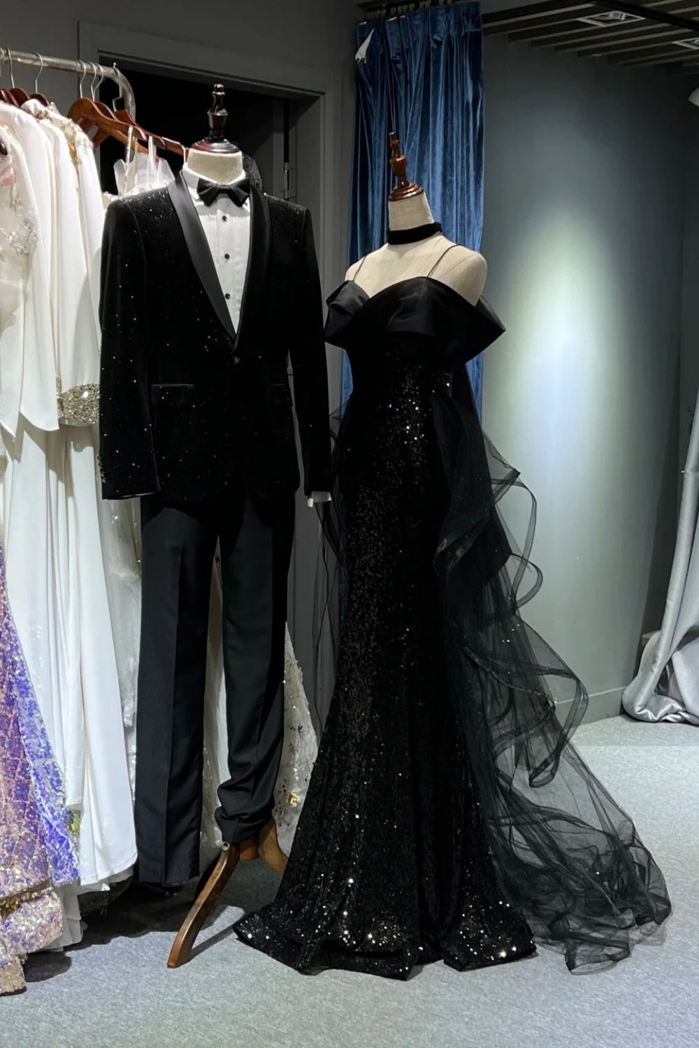 Black shiny long tulle ball dress NV6627