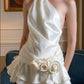 White Floral Short Satin Vintage Princess Homecoming Dress Birthday Party Dress nv4709