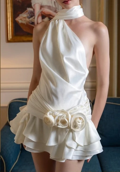 White Floral Short Satin Vintage Princess Homecoming Dress Birthday Party Dress nv4709