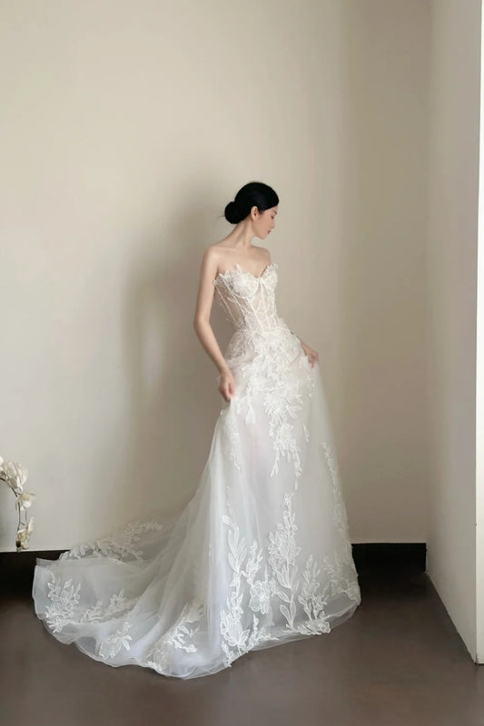 White Veil Flower Garden Strapless Embroidery Train Wedding Dress NV6573