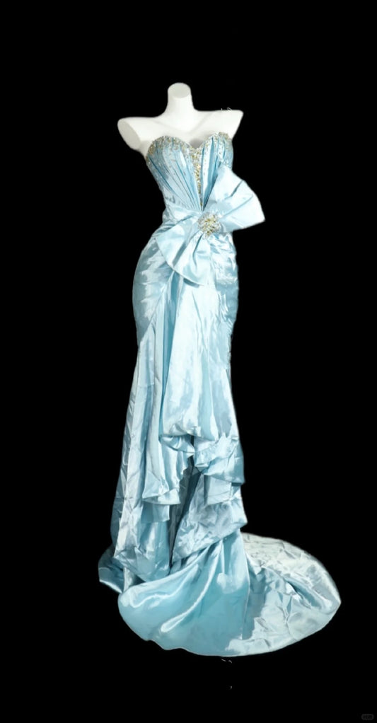 Blue gorgeous beaded long mermaid slim fishtail satin ball gown evening dress wedding dress banquet dress nv4569