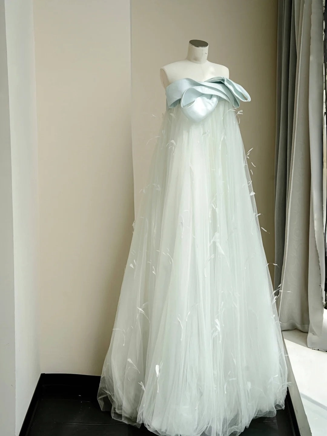 Mint Green Tulle Long Satin Ball Gown Evening Dress Party Dress nv4685