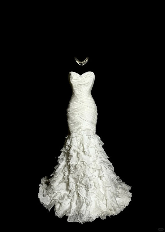 Ivory White Elegant Exquisite Long Tulle Mermaid Slim Floor Length Train Ball Gown Evening Gown Party Dress Wedding Dress nv4135