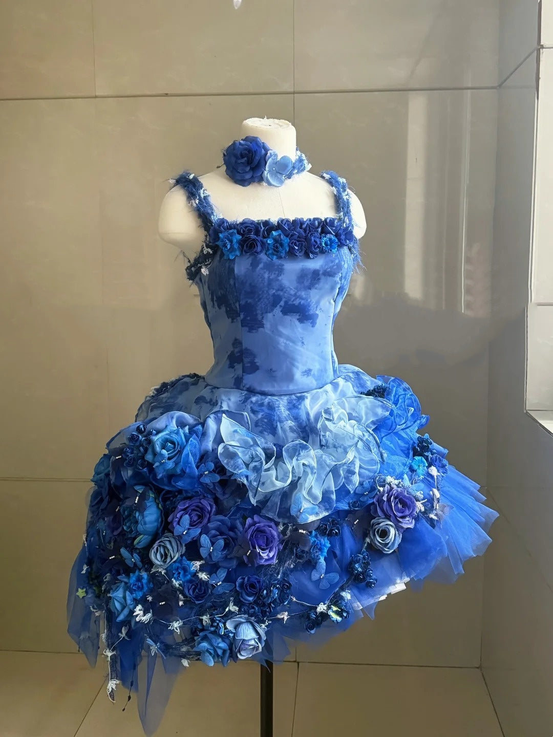 Deep Sea Flower Cluster Blue Gradient 3D Floral Mini Ball Gown NV6567