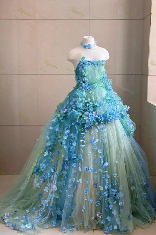 Turquoise Butterfly Island Gradient Floral & Butterfly Ball Gown NV6570