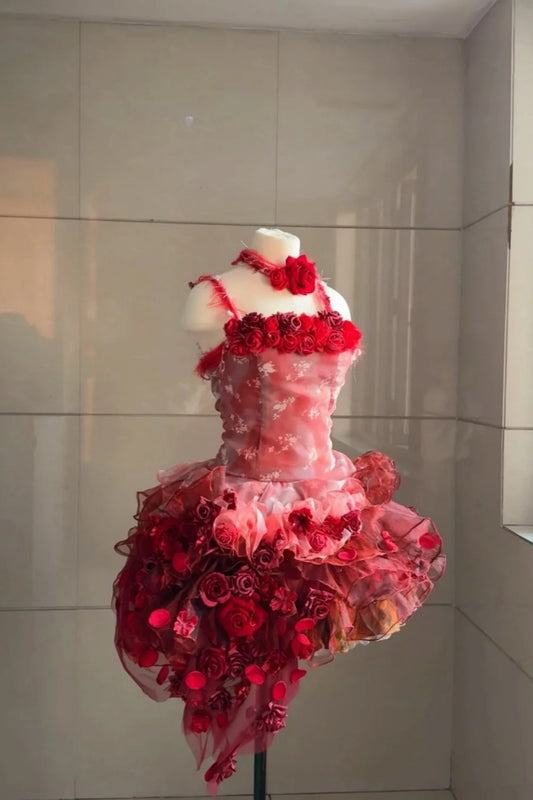 Red Rose Waterfall Gradient 3D Floral Mini Ball Gown NV6568