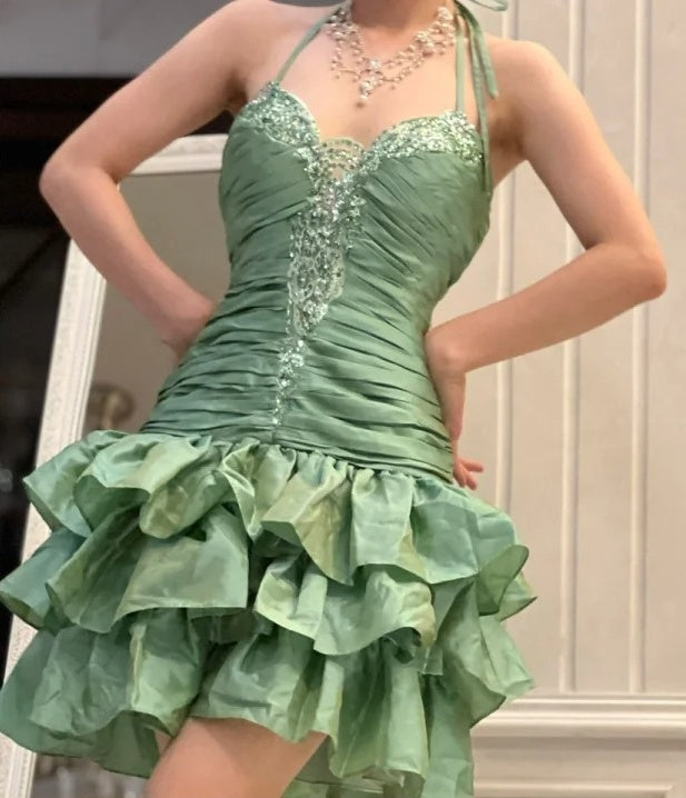 Green Beaded Short Satin Homecoming Dress Prom Dress Evening Dress Party Dress nv4633