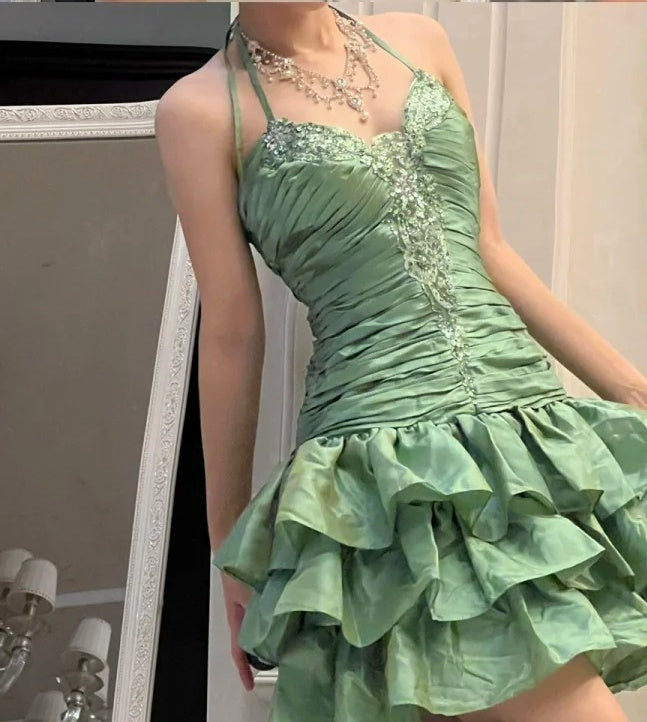 Green Beaded Short Satin Homecoming Dress Prom Dress Evening Dress Party Dress nv4633